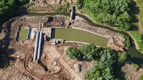 Aerial view of construction of the river drains. Stock Footage 201313577