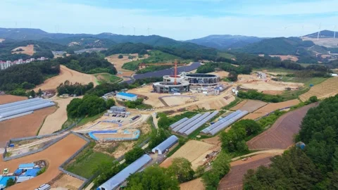 Aerial View of Construction Site and Solar Farm in Pyeongchang Stock Footage 340406748