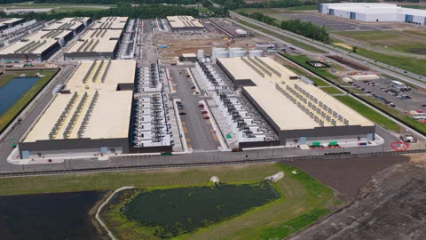 Aerial view of the construction site of data center facility, large AI center Stock Footage 336040211