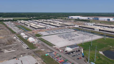 Aerial view of the construction site of data center facility, large AI center Stock Footage 336040222