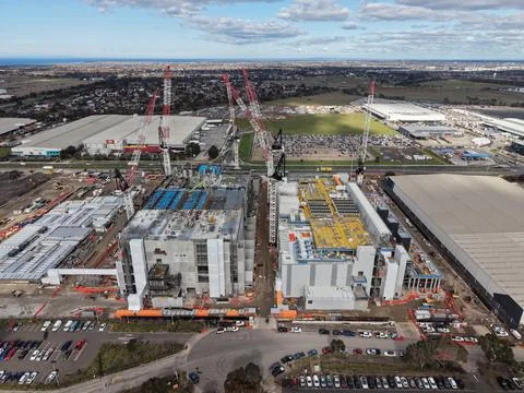 Aerial view construction site developing urban infrastructure data centre Stock Photos