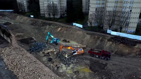 Aerial view of construction site at dusk Stock Footage 334549541