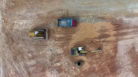 Aerial view of construction site with excavators, dirt, and pipeline Video stock 344953905