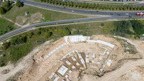 Aerial View of Construction Site with Foundations Foto stock
