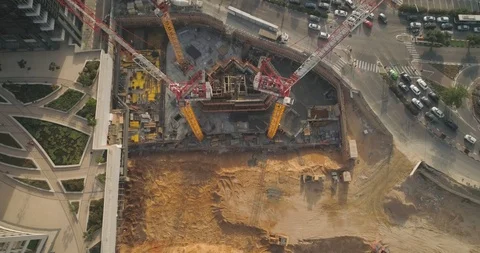 Aerial view on construction site Huge cranes very high buildings Video stock 97178537