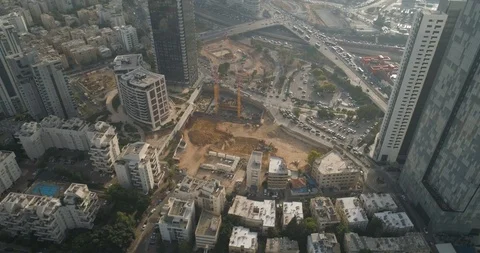 Aerial view on construction site Huge cranes very high buildings Video stock 97178889