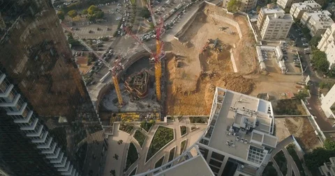 Aerial view on construction site Huge cranes very high buildings Video stock 97178901