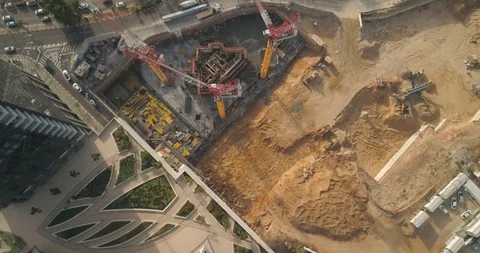 Aerial view on construction site Huge cranes very high buildings Video stock 97179632