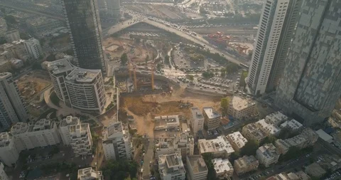 Aerial view on construction site Huge cranes very high buildings Video stock 97179971