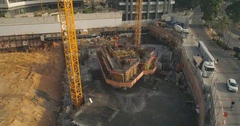 Aerial view on construction site Huge cranes very high buildings Video stock 97180132