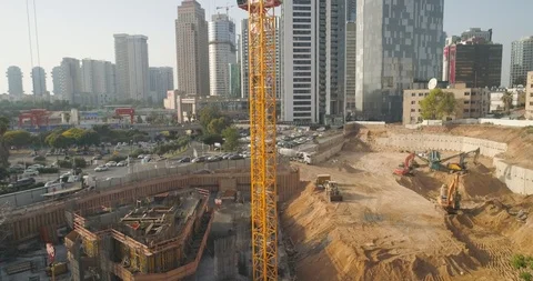 Aerial view on construction site Huge cranes very high buildings Video stock 97180138