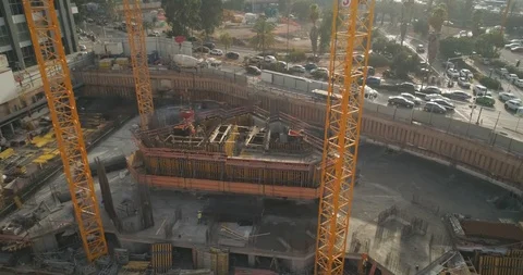 Aerial view on construction site Huge cranes very high buildings Video stock 97180410