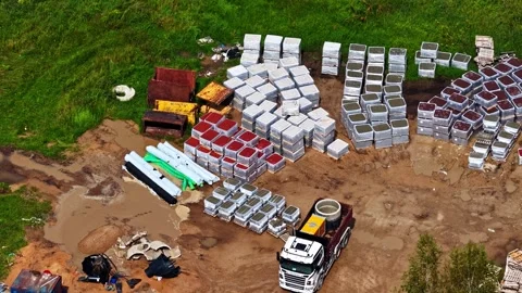 Aerial view of construction site with materials in Riga, Latvia. Stock Footage 340811812