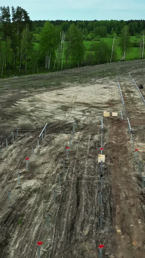 Aerial view of construction site with metal posts in Latvia. Stock Footage 339800308