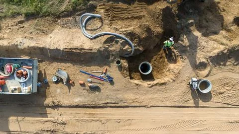 Aerial View of Construction Site with Pipe Installation Stock Photos