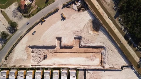 Aerial view of the construction site. A pit dug for the foundation of a building Video stock 268870487