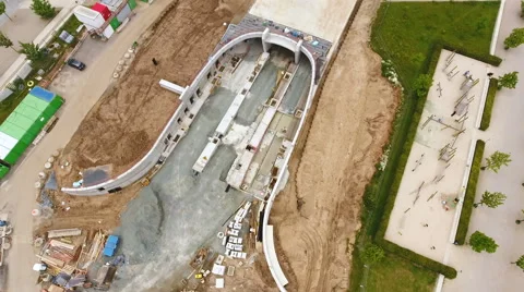 Aerial view construction site road tunnel Europaviertel - Frankfurt, Germany Stock-Footage 64696376