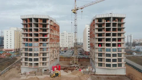 Aerial view of the construction site of two residential buildings in the city. Stock Footage 168323218