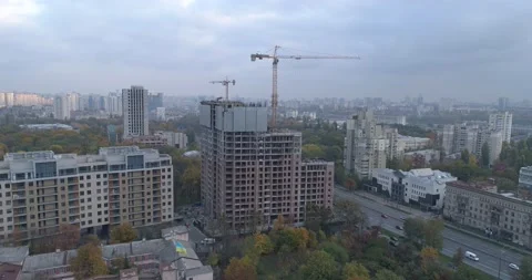 Aerial view of the construction of a skyscraper in Kiev. Autumn 2020 Stock Footage 142387462
