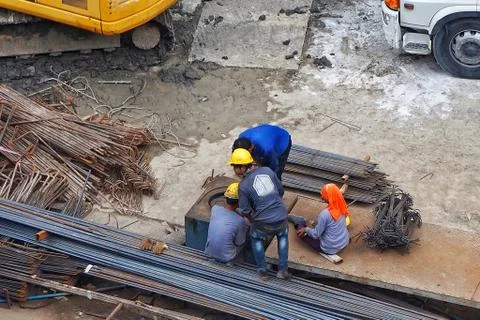 Aerial view of construction worker working. Stock Photos