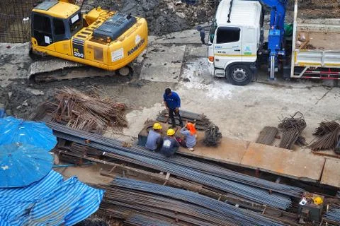Aerial view of construction worker working. Stock Photos