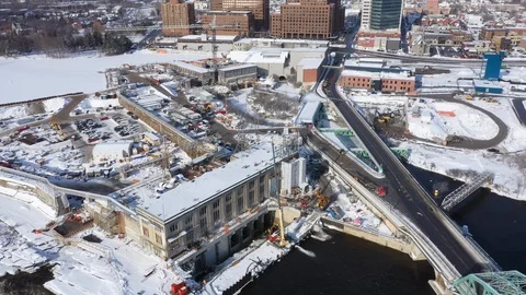 Aerial view of construction of Zibi property on ottawa river gatineau chaudi Video stock 123015886