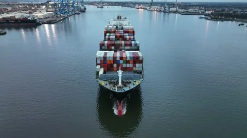 Aerial View of Container Cargo Ship Leaving Port Stock Footage 168548443