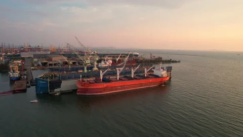 Aerial view container cargo ship at industrial port in import export business Stock Footage 172027888