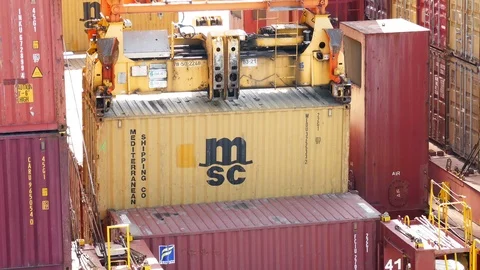 Aerial view of container loading with ship 4k intro outro for business  Stock Footage 93112943