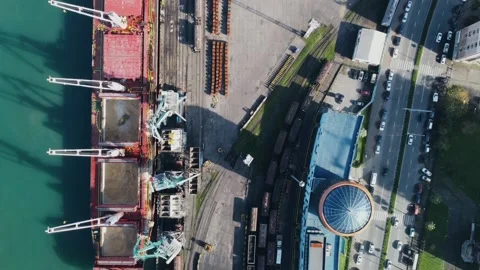 Aerial view of container port, container ship, oil pier Stock Footage 232476325