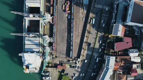 Aerial view of container port, container ship, oil pier Stock Footage 232476574