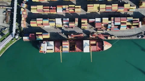 Aerial view of container port, container ship, oil pier Stock Footage 232478920