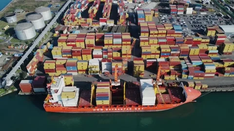Aerial view of container port, container ship, oil pier Stock Footage 232479334