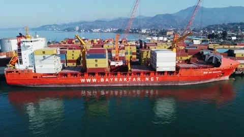 Aerial view of container port, container ship, oil pier Stock Footage 232479436