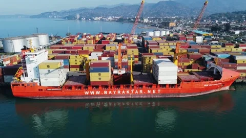 Aerial view of container port, container ship, oil pier Stock Footage 232479688