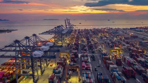 Aerial view of container port logistics during sunset Stock Footage 332869856