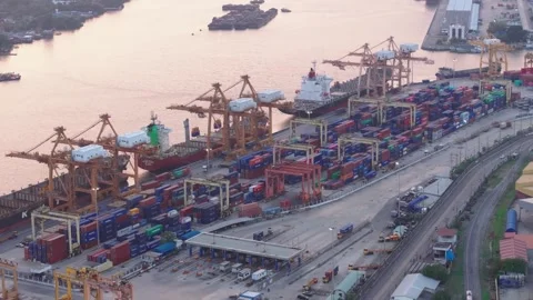 Aerial view of container port operations and cargo handling activities Stock Footage 330376100