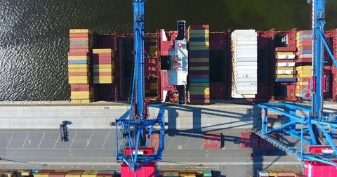 Aerial view of container ship anchored in the port and loaded with containers -2 動画素材 80517801