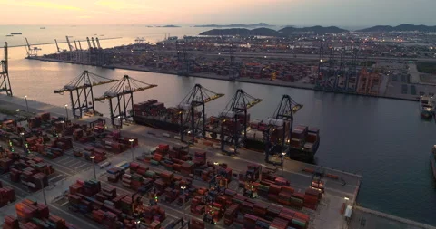 Aerial view  container ship and  boat going to sea port for logistics shipping Stock-Footage 132278175
