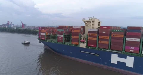 Aerial view of container ship arriving at Hamburg port on river Elbe in Germany Stock Footage 158762406