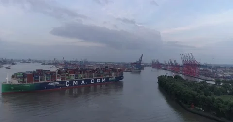 Aerial view of container ship arriving at Hamburg port on river Elbe in Germany Stock Footage 158762464