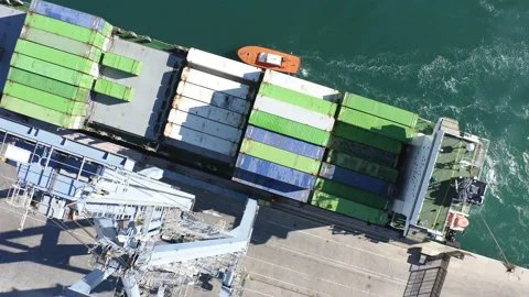 Aerial view of container ship AVERA maneuvering in the port of Alicante. Stock Footage 133212470