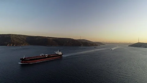 Aerial view of container ship in the Bosphorus Stock Footage 102162264