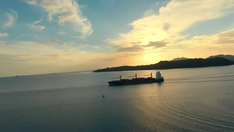 Aerial view of container ship crossing the entrance to the Panama Canal in t Stock Footage 166159071