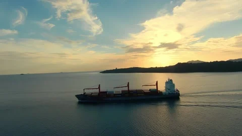 Aerial view of container ship crossing the entrance to the Panama Canal in t Vidéo 166159379