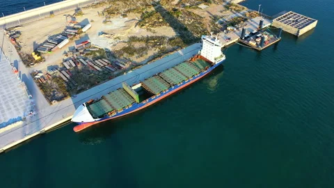 Aerial view of container ship docked. Stock Footage 137611612