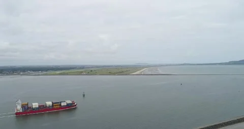 Aerial View of a Container Ship in Dublin Bay, Ireland Stock Footage 234989180