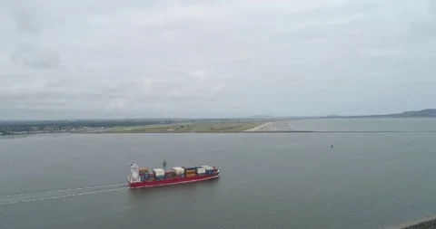 Aerial View of a Container Ship in Dublin Bay, Ireland Stock Footage 234989203