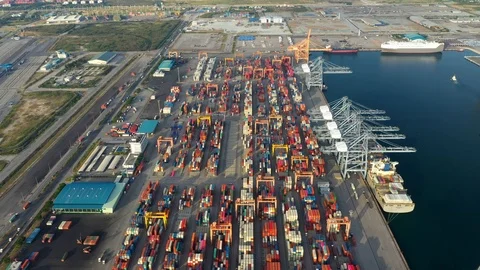 Aerial view. Container ship in export and import business and logistics Stock Footage 113141523