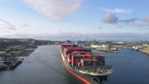 Aerial view of a container ship leaving the Port of Los Angeles Stock Footage 131035576